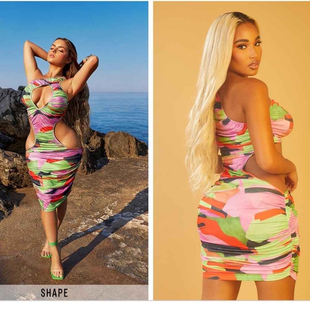 PrettyLittleThing Shape Multi Abstract Print Ruched Cut Out One Shoulder Bodycon
